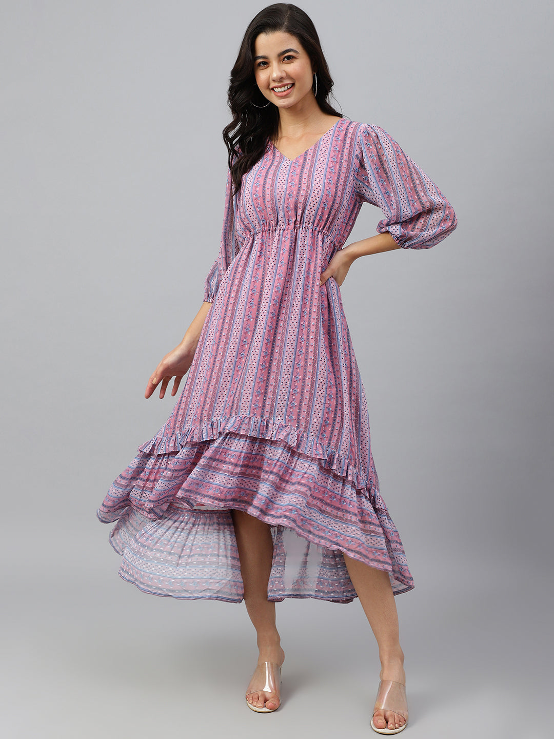 Janasya Women's Pink Dobby Georgette Digital Print High Low Western Dress | Grocsy