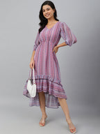 Janasya Women's Pink Dobby Georgette Digital Print High Low Western Dress | Grocsy