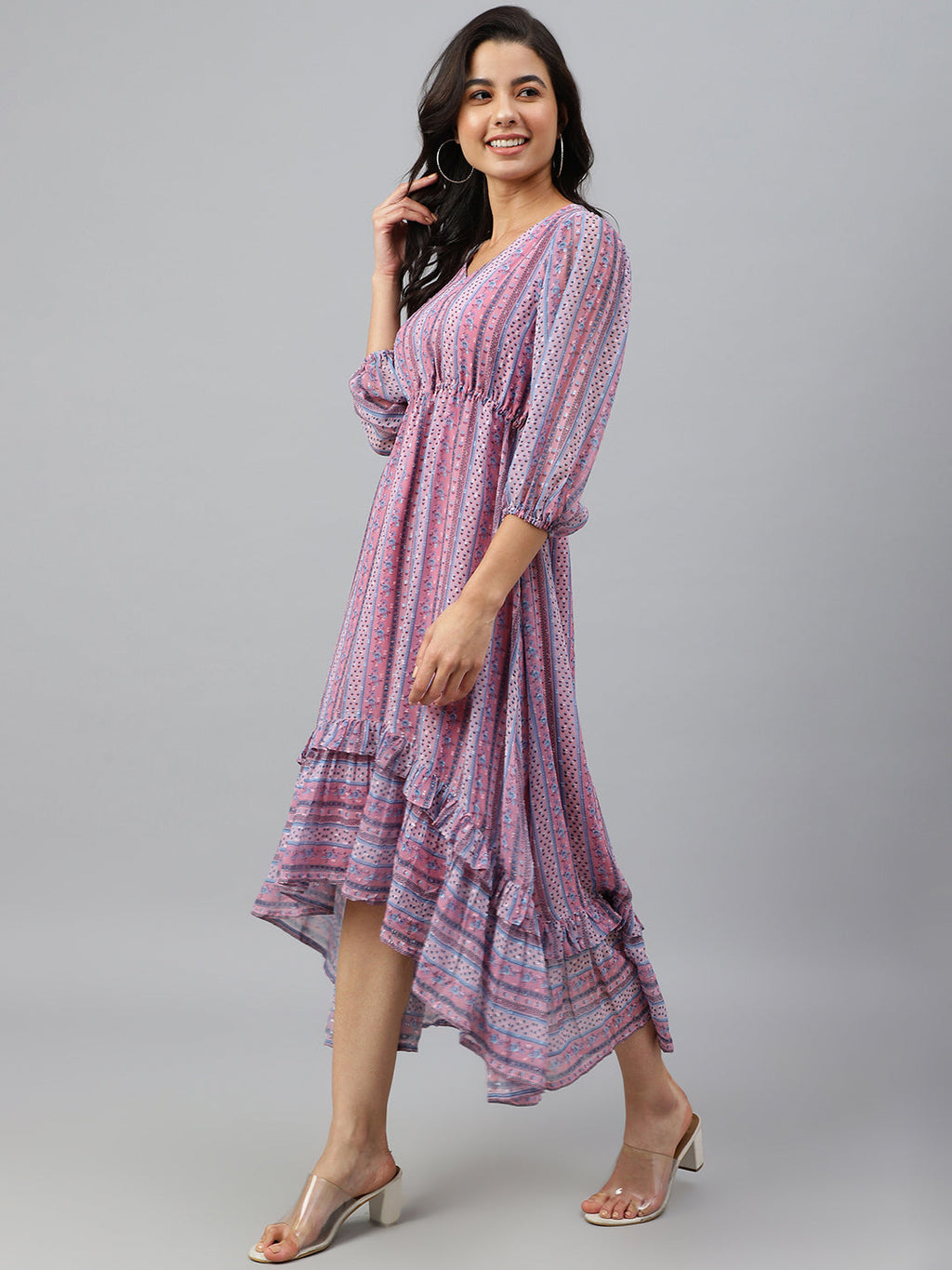 Janasya Women's Pink Dobby Georgette Digital Print High Low Western Dress | Grocsy
