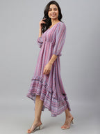 Janasya Women's Pink Dobby Georgette Digital Print High Low Western Dress | Grocsy