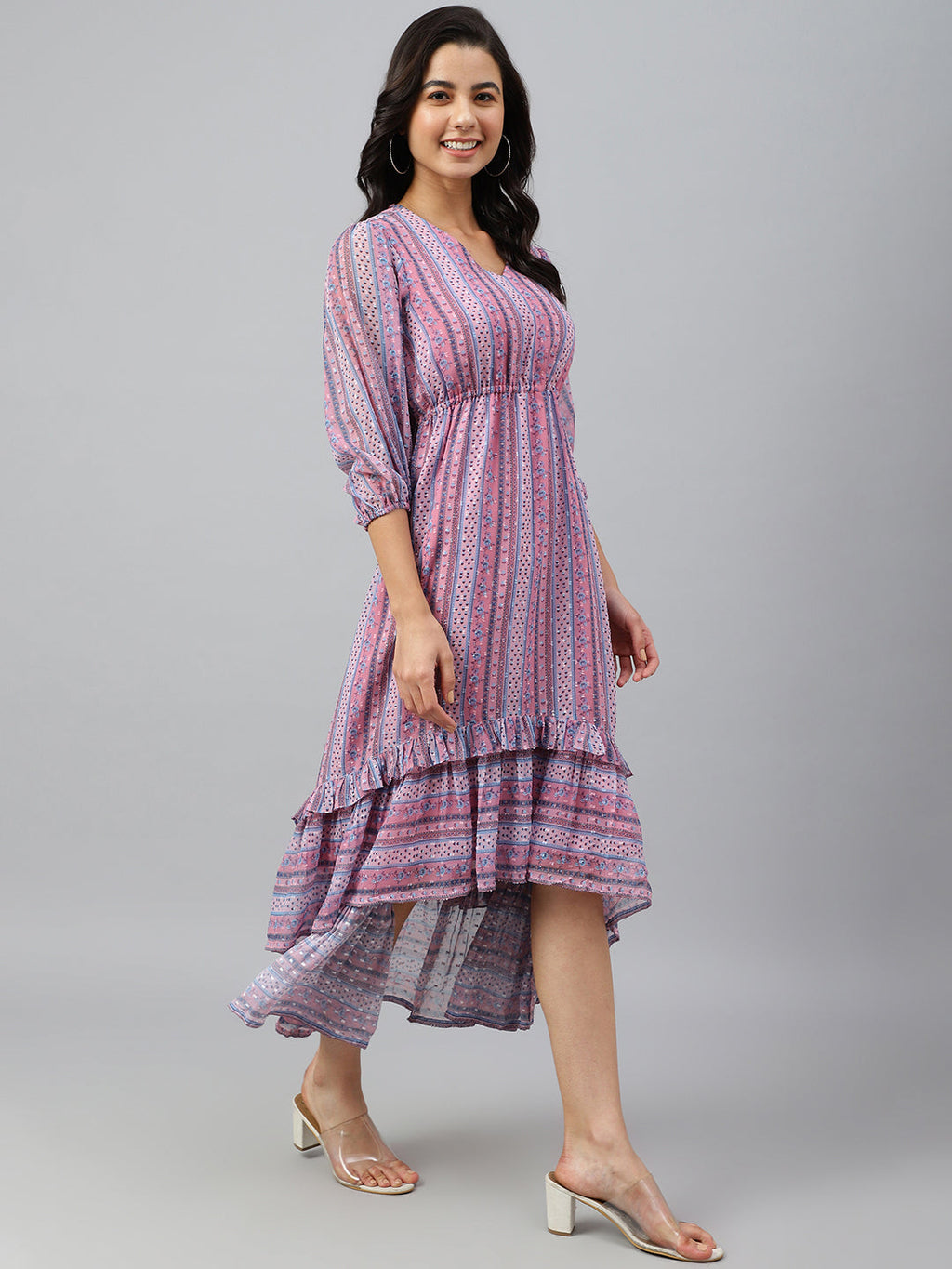 Janasya Women's Pink Dobby Georgette Digital Print High Low Western Dress | Grocsy
