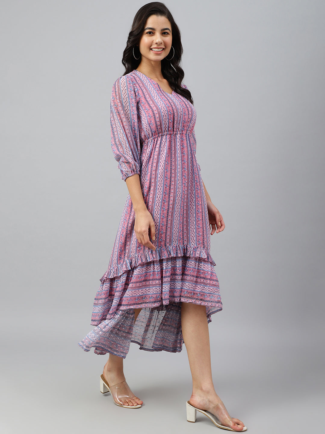 Janasya Women's Pink Dobby Georgette Digital Print High Low Western Dress | Grocsy