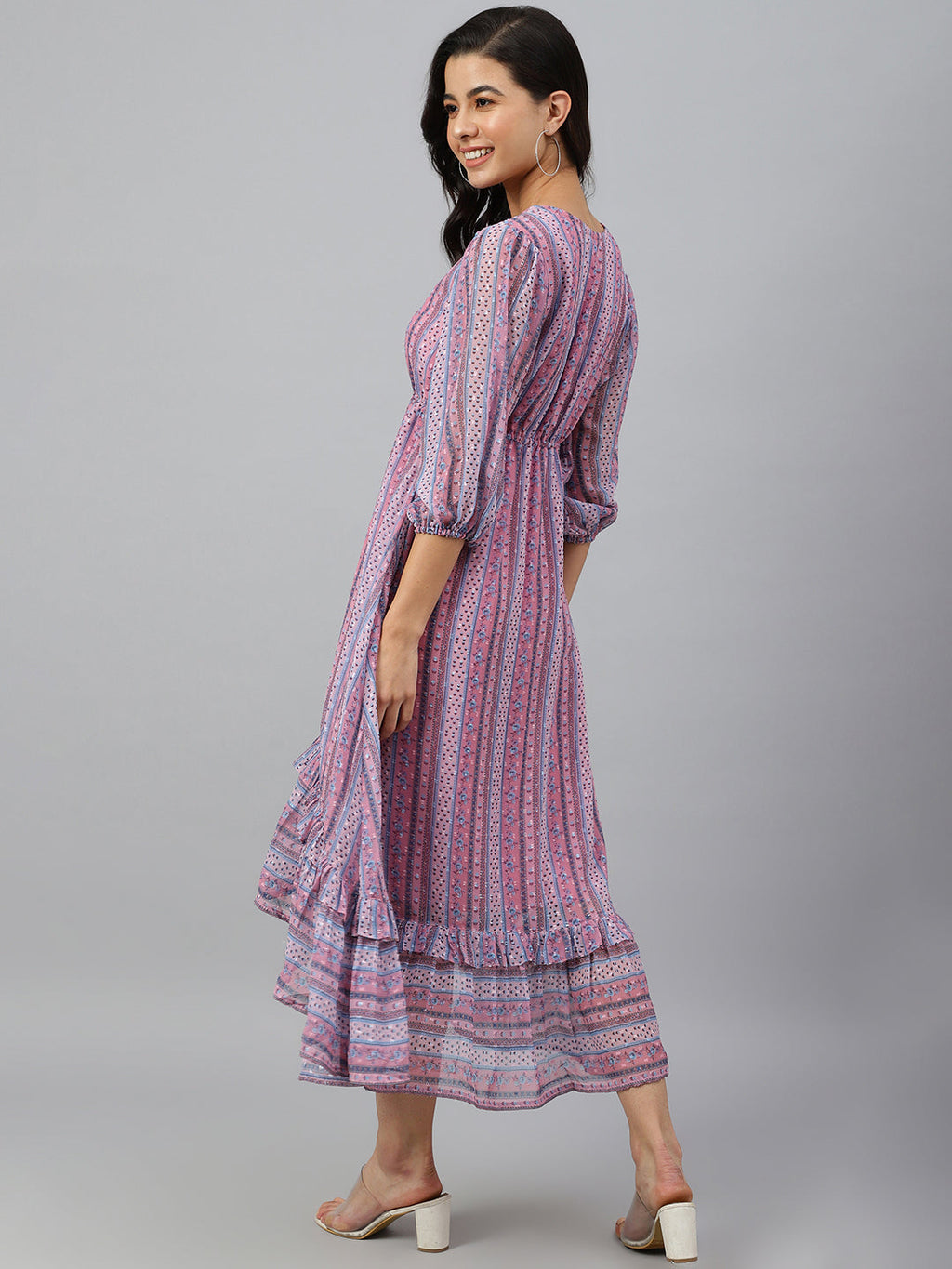 Janasya Women's Pink Dobby Georgette Digital Print High Low Western Dress | Grocsy