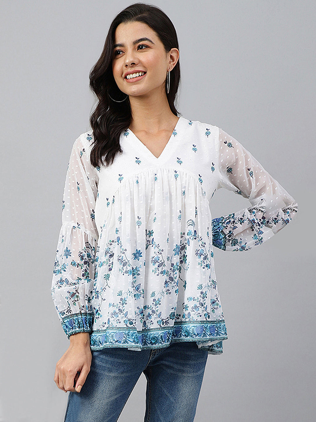 Janasya Women's White Georgette Digital Print Flared Top | Grocsy