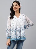 Janasya Women's White Georgette Digital Print Flared Top | Grocsy