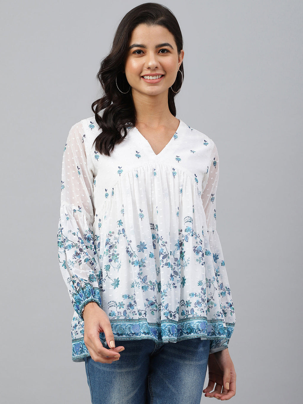 Janasya Women's White Georgette Digital Print Flared Top | Grocsy