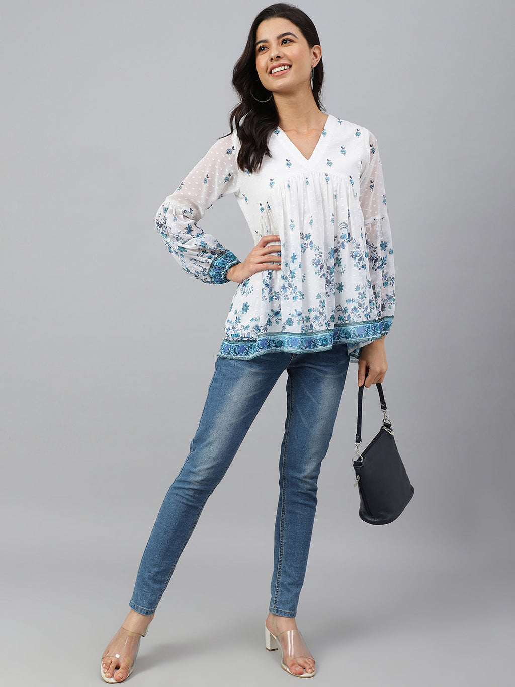 Janasya Women's White Georgette Digital Print Flared Top | Grocsy