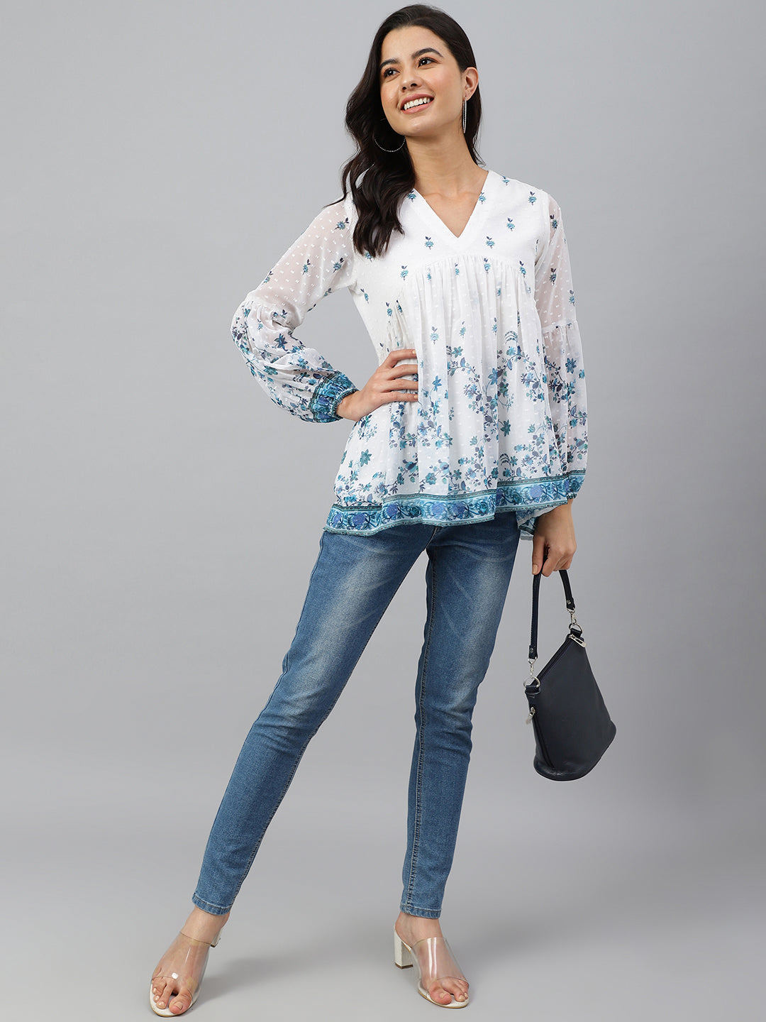 Janasya Women's White Georgette Digital Print Flared Top | Grocsy
