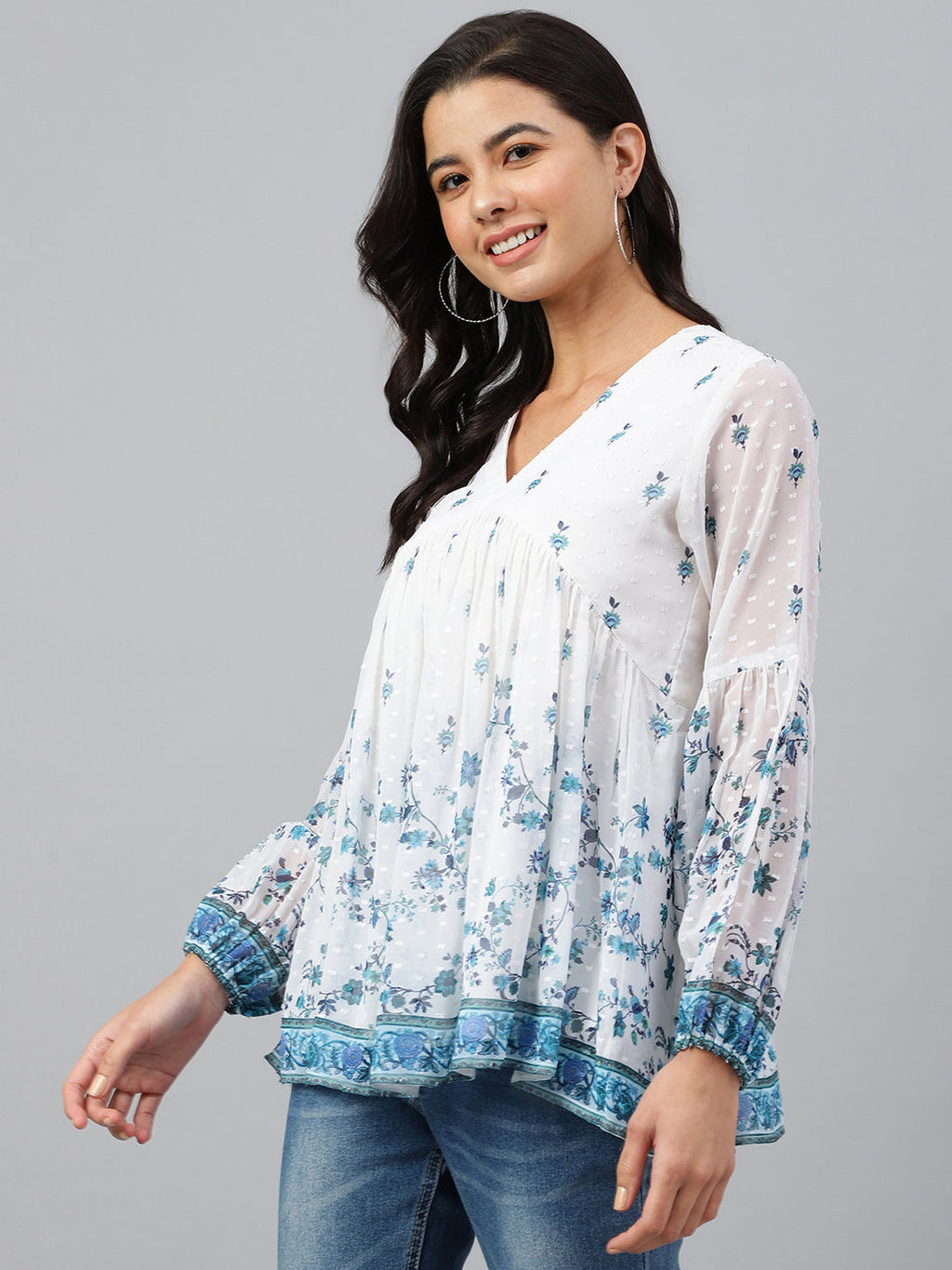 Janasya Women's White Georgette Digital Print Flared Top | Grocsy