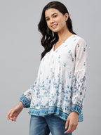 Janasya Women's White Georgette Digital Print Flared Top | Grocsy
