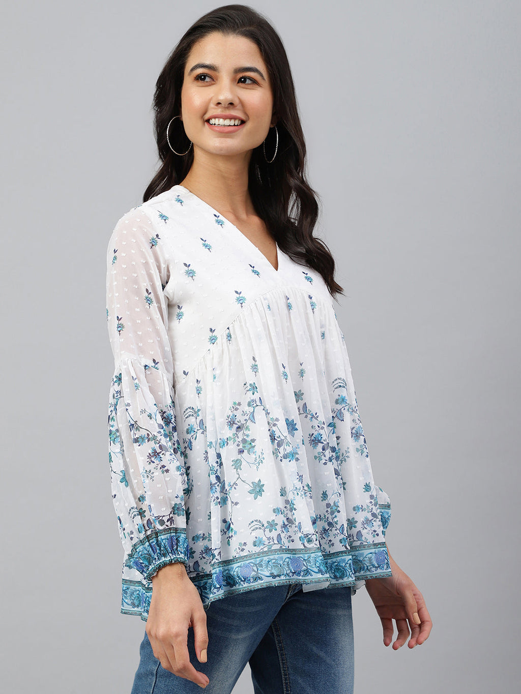 Janasya Women's White Georgette Digital Print Flared Top | Grocsy