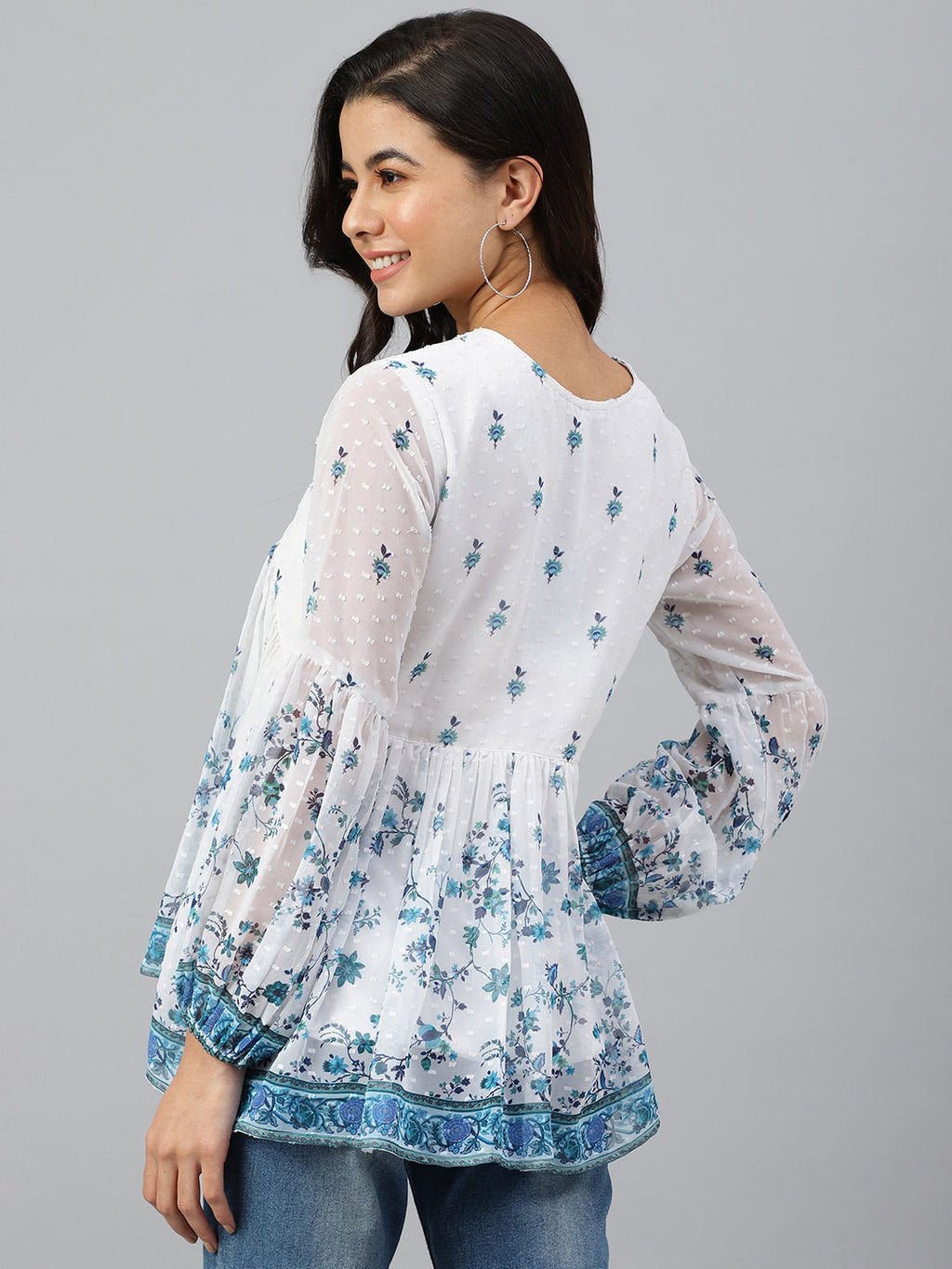 Janasya Women's White Georgette Digital Print Flared Top | Grocsy