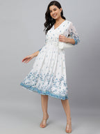 Janasya Women's White Georgette Digital Printed Flared Western Dress | Grocsy