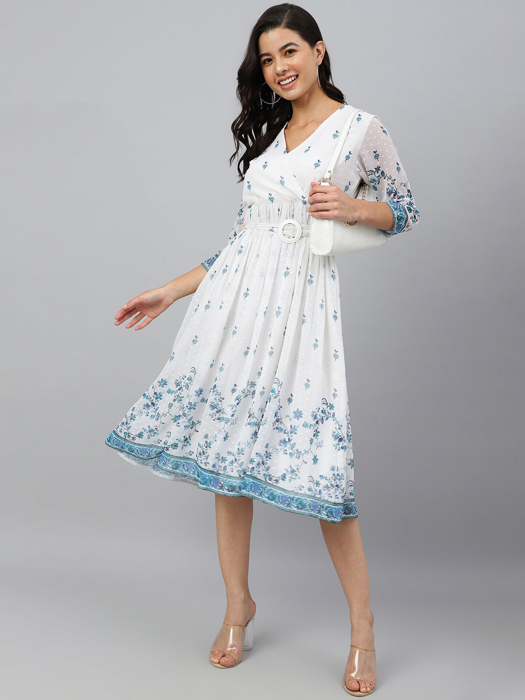 Janasya Women's White Georgette Digital Printed Flared Western Dress | Grocsy