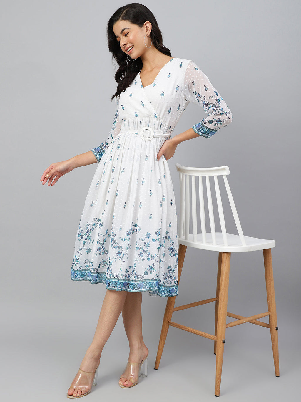Janasya Women's White Georgette Digital Printed Flared Western Dress | Grocsy