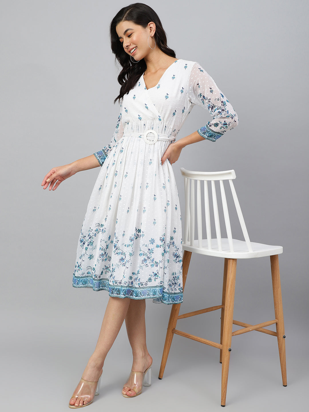 Janasya Women's White Georgette Digital Printed Flared Western Dress | Grocsy