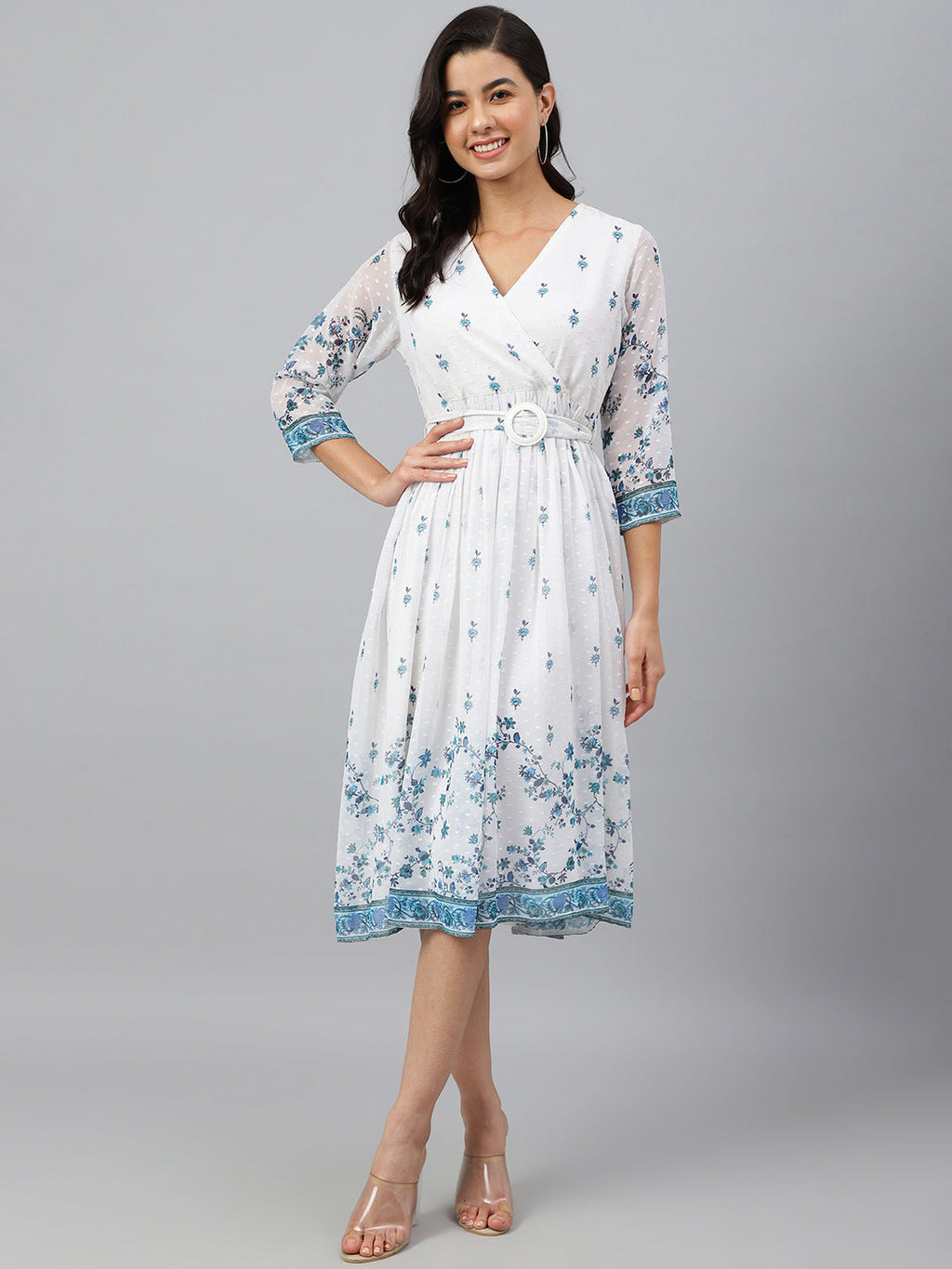 Janasya Women's White Georgette Digital Printed Flared Western Dress | Grocsy