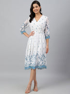 Janasya Women's White Georgette Digital Printed Flared Western Dress | Grocsy