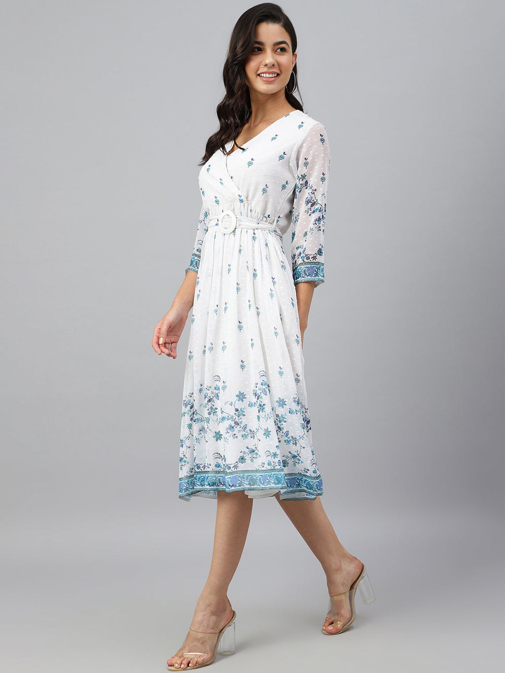 Janasya Women's White Georgette Digital Printed Flared Western Dress | Grocsy