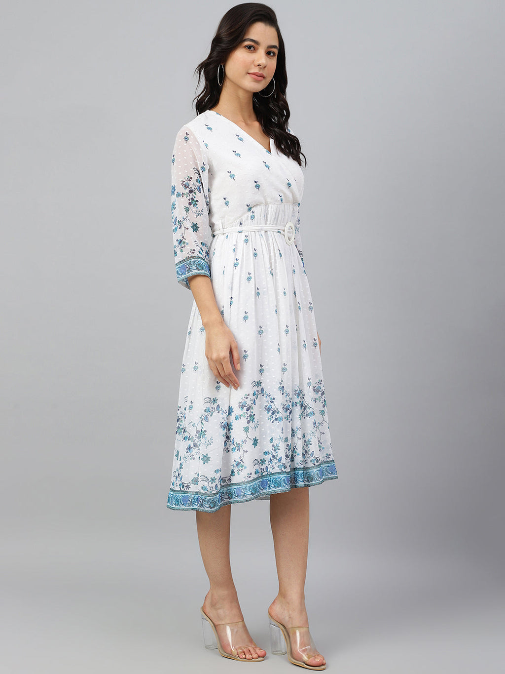 Janasya Women's White Georgette Digital Printed Flared Western Dress | Grocsy