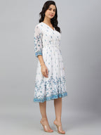 Janasya Women's White Georgette Digital Printed Flared Western Dress | Grocsy