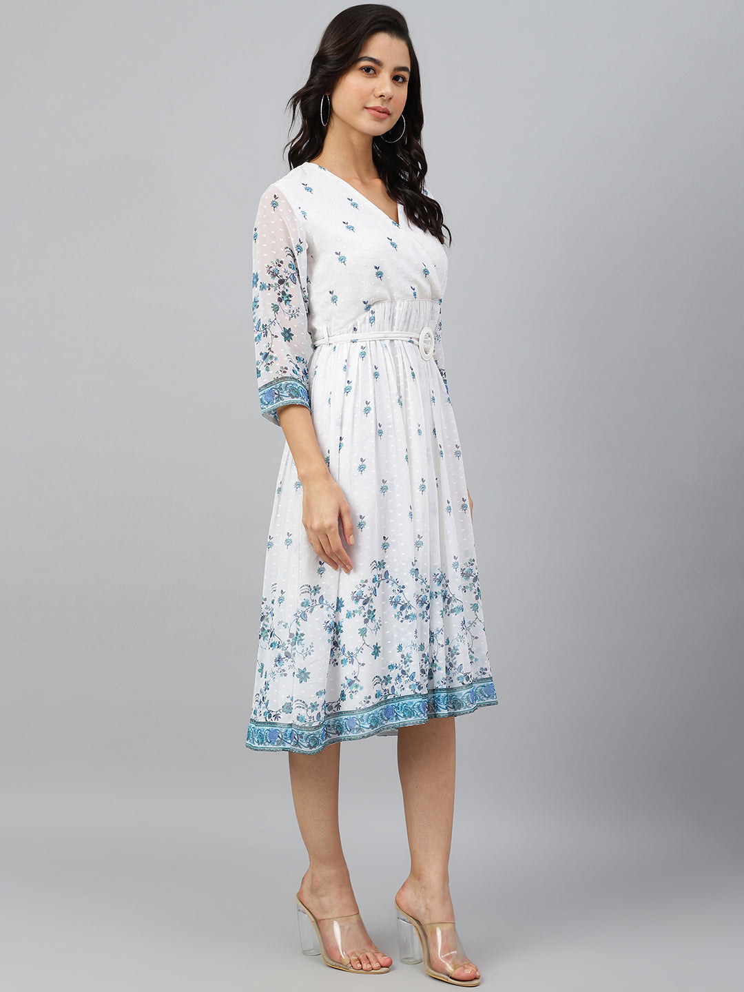 Janasya Women's White Georgette Digital Printed Flared Western Dress | Grocsy