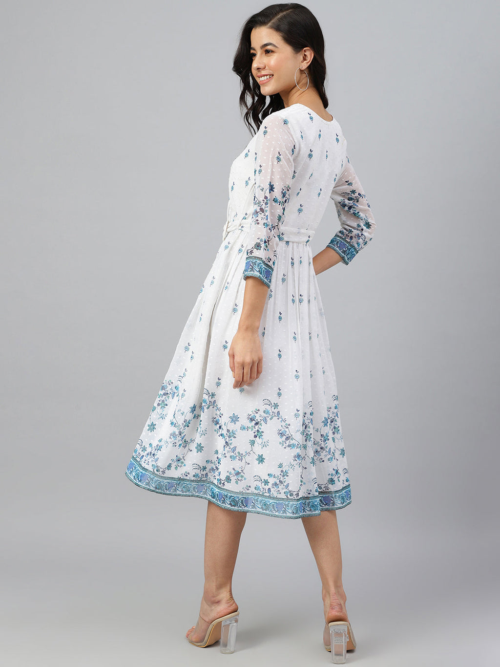 Janasya Women's White Georgette Digital Printed Flared Western Dress | Grocsy