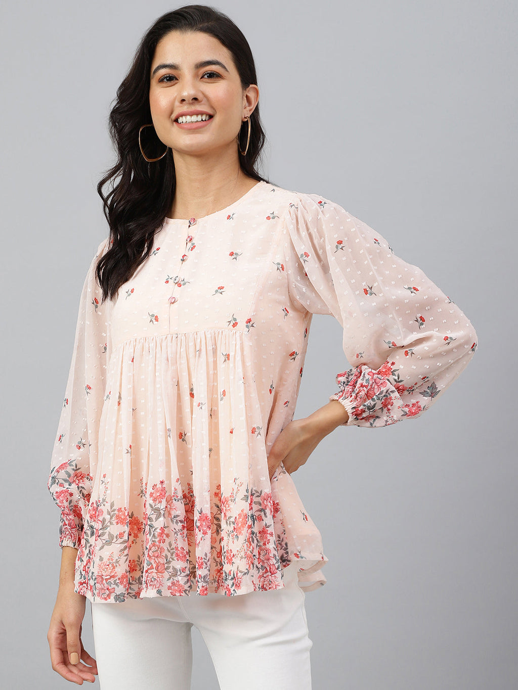 Janasya Women's Peach Georgette Floral Print Flared Top | Grocsy