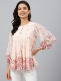 Janasya Women's Peach Georgette Floral Print Flared Top | Grocsy