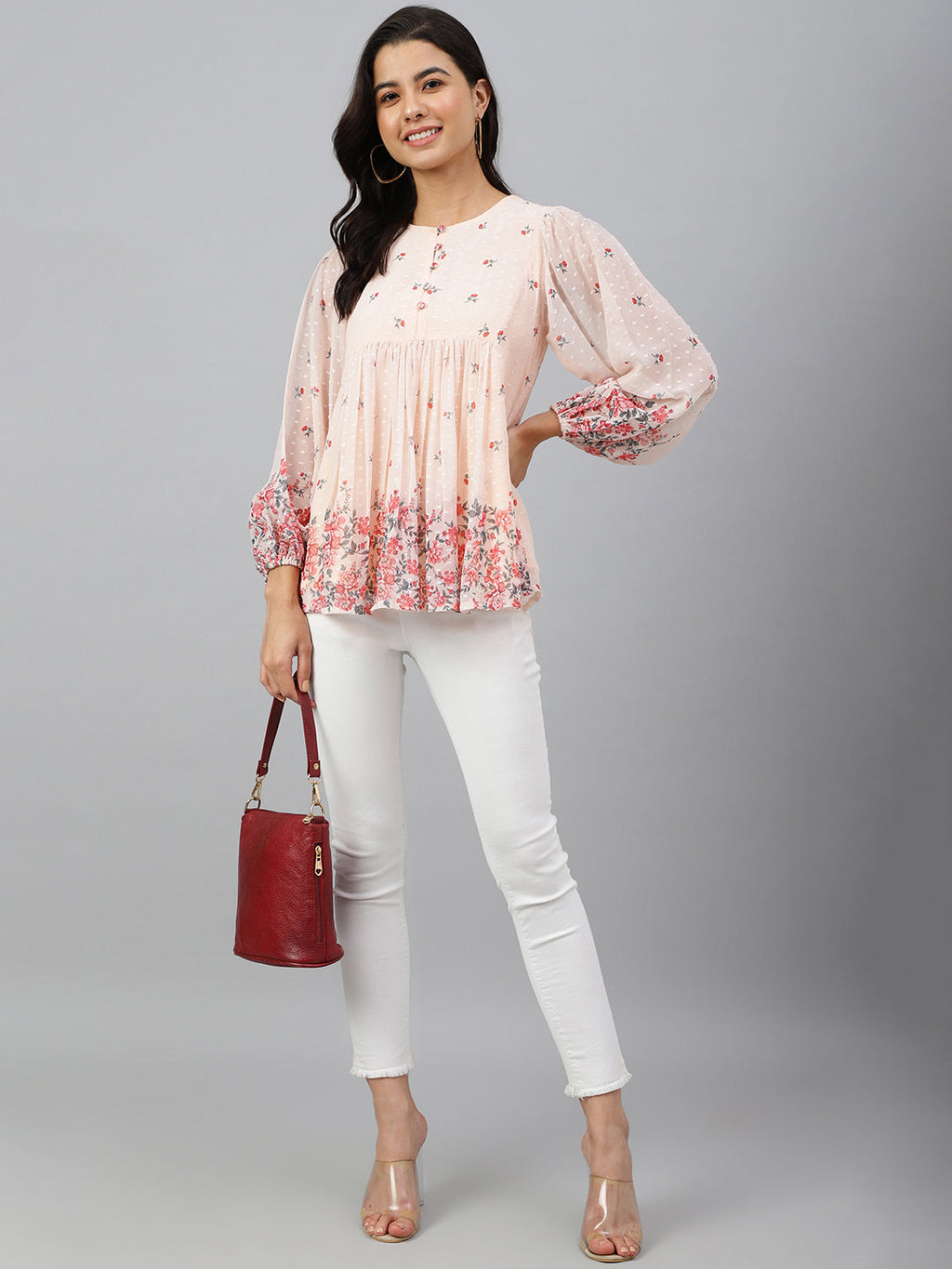 Janasya Women's Peach Georgette Floral Print Flared Top | Grocsy