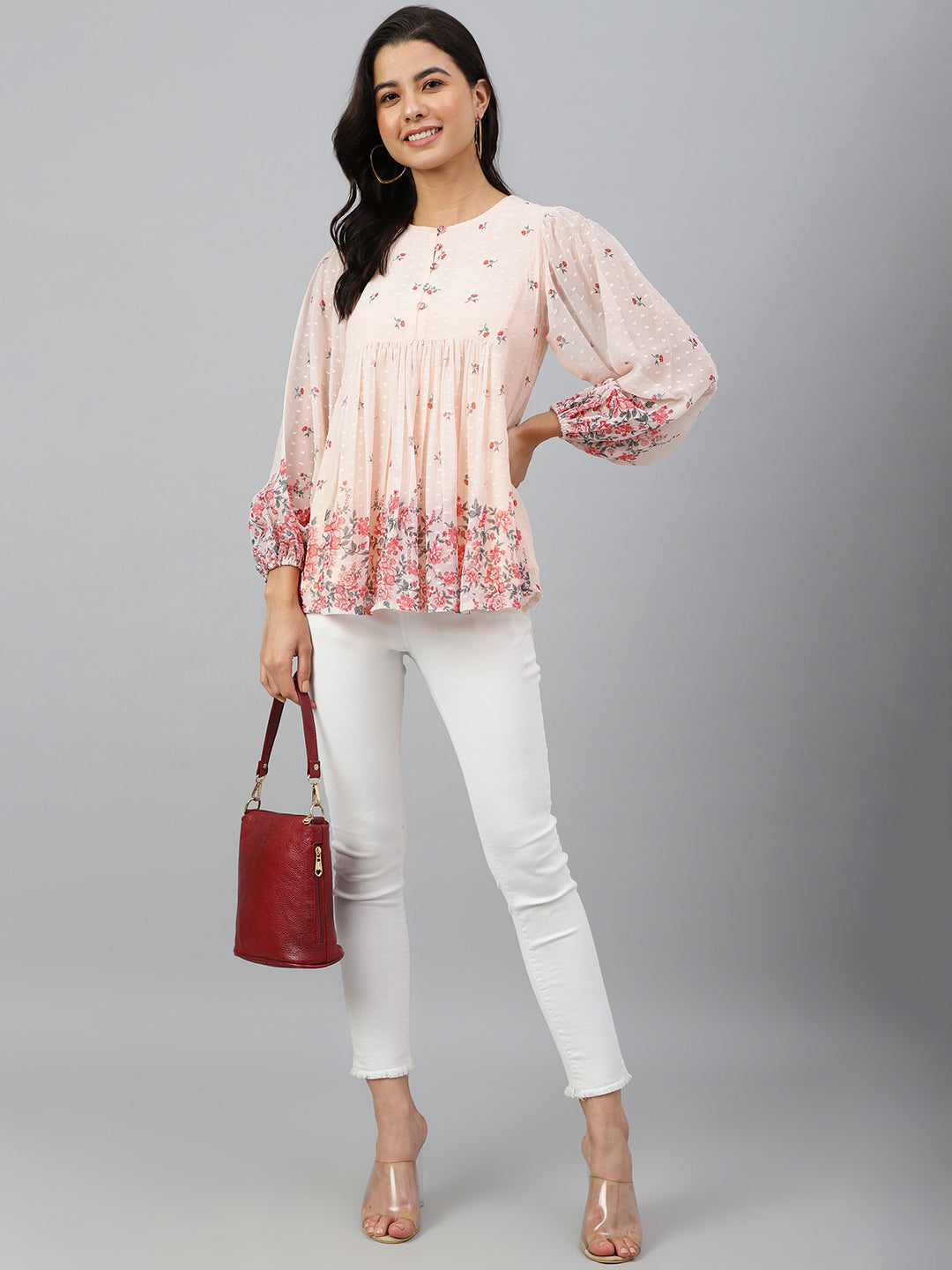 Janasya Women's Peach Georgette Floral Print Flared Top | Grocsy
