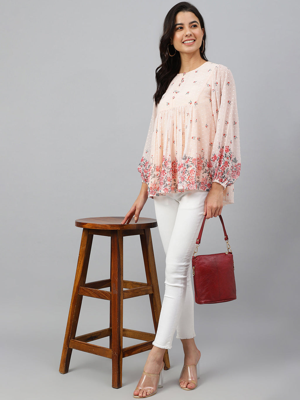 Janasya Women's Peach Georgette Floral Print Flared Top | Grocsy
