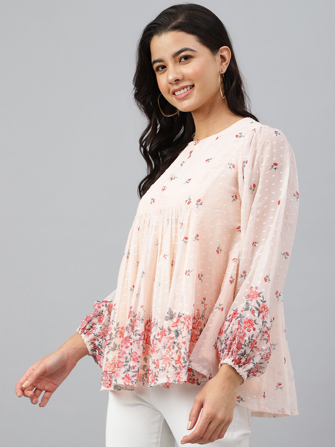 Janasya Women's Peach Georgette Floral Print Flared Top | Grocsy