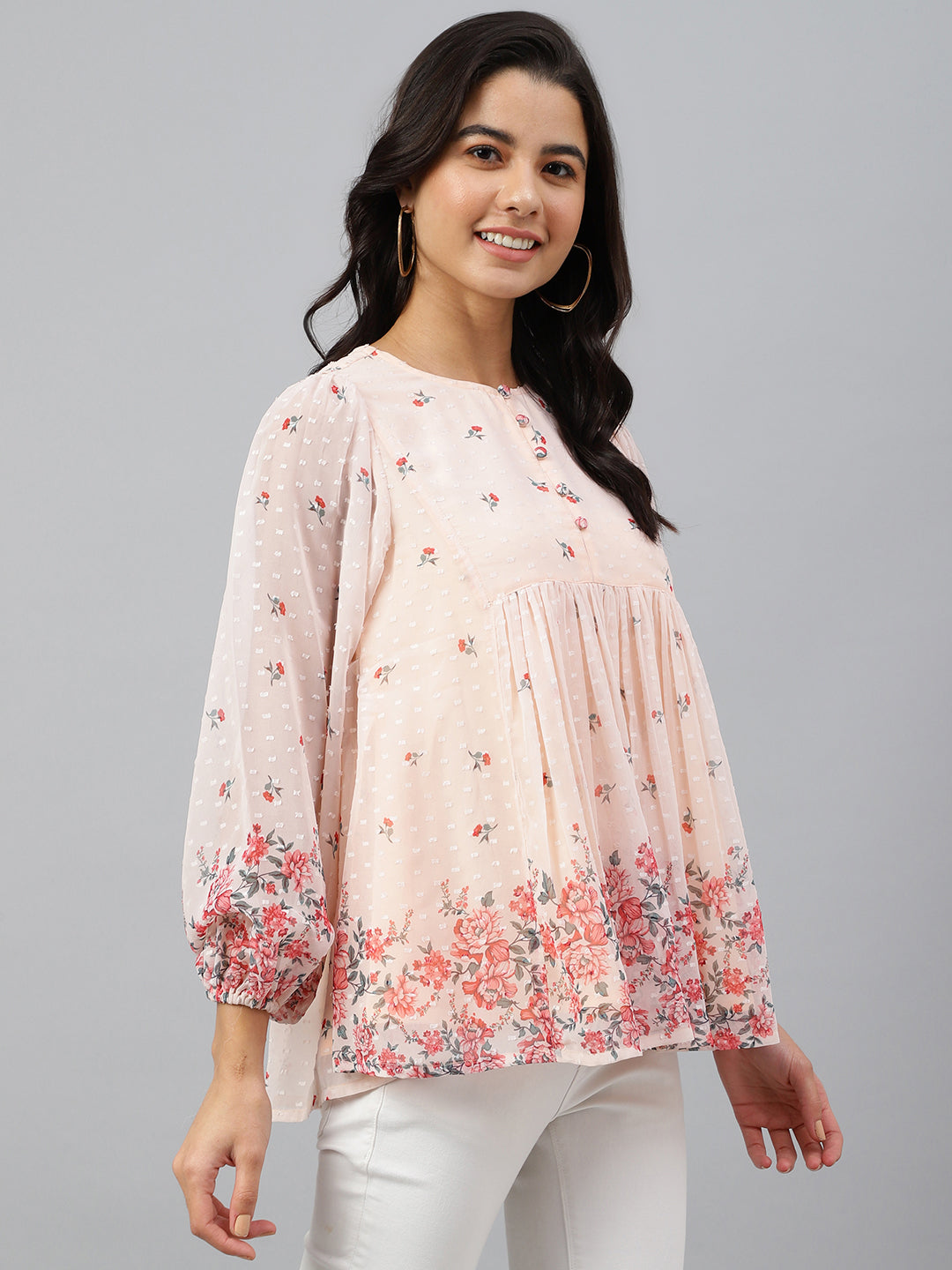 Janasya Women's Peach Georgette Floral Print Flared Top | Grocsy