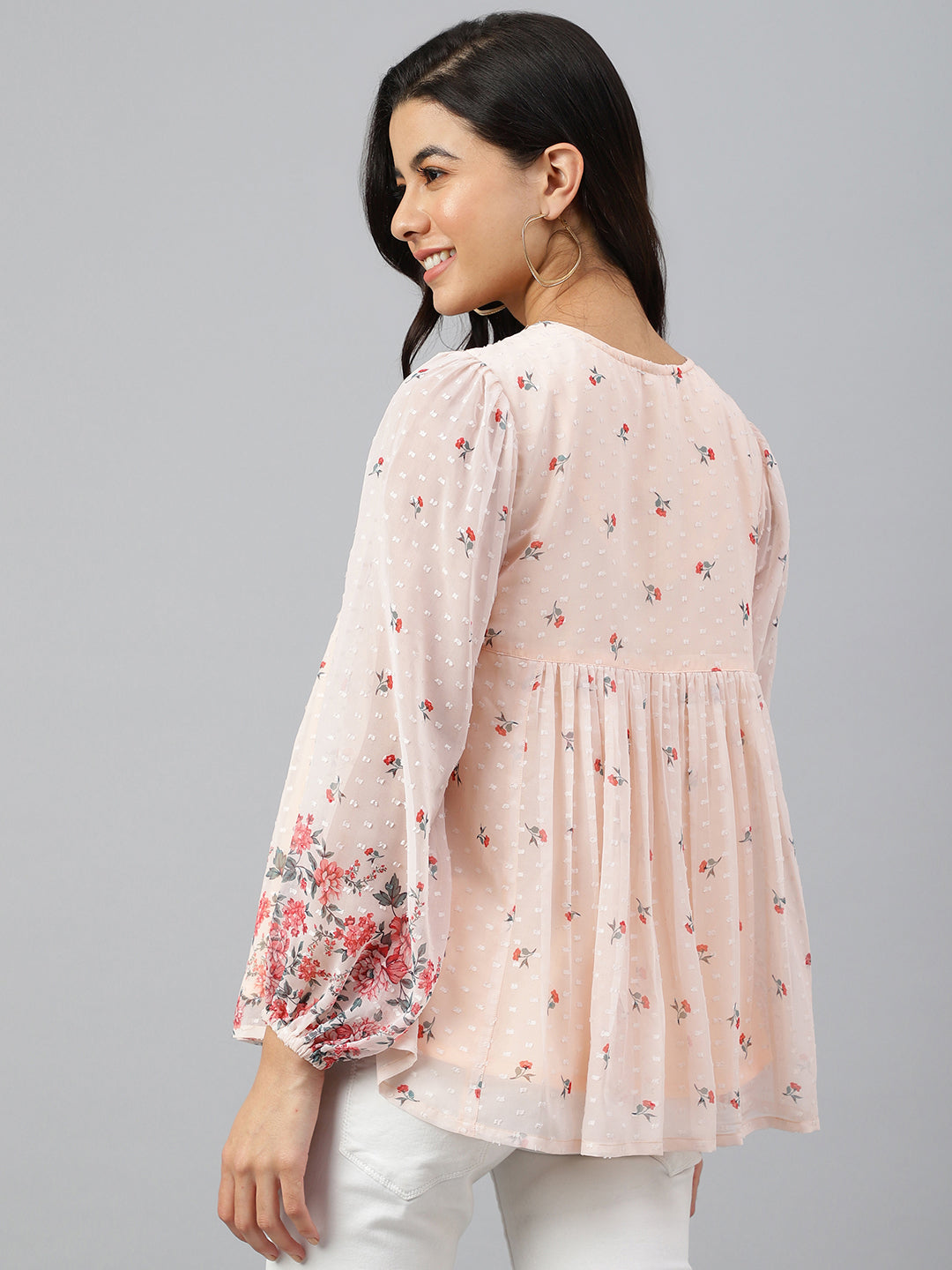 Janasya Women's Peach Georgette Floral Print Flared Top | Grocsy