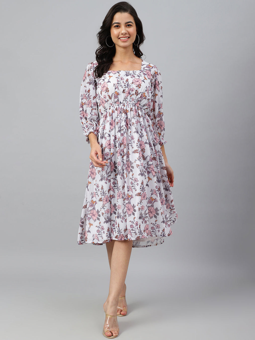 Janasya Women's White Georgette Floral Printed Flared Western Dress | Grocsy