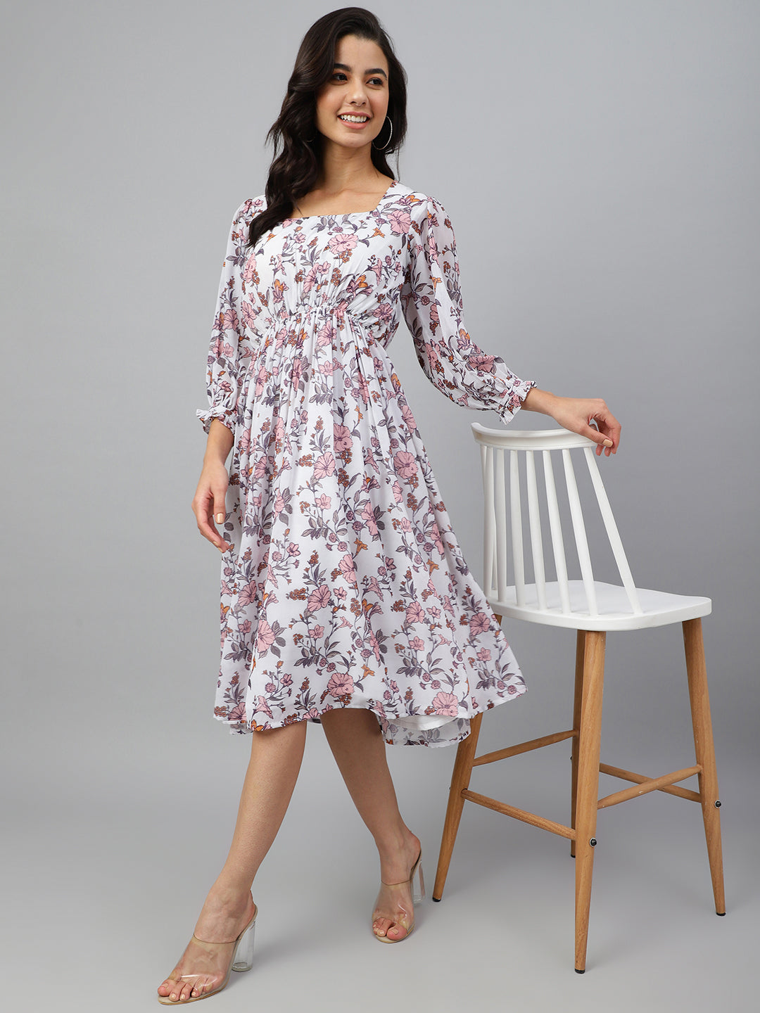 Janasya Women's White Georgette Floral Printed Flared Western Dress | Grocsy