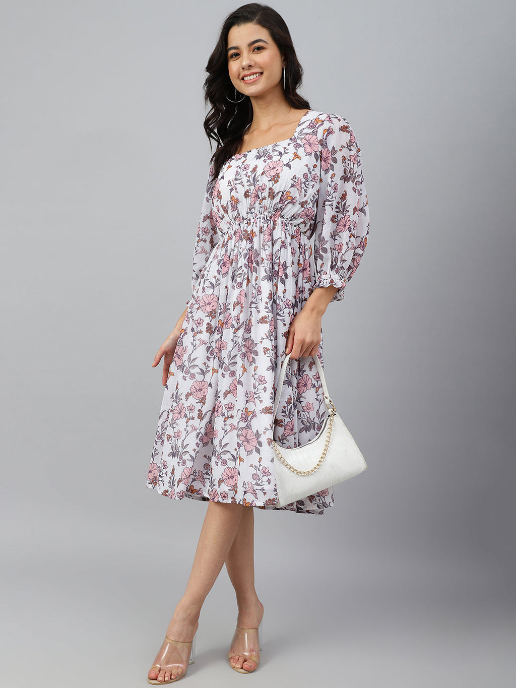 Janasya Women's White Georgette Floral Printed Flared Western Dress | Grocsy