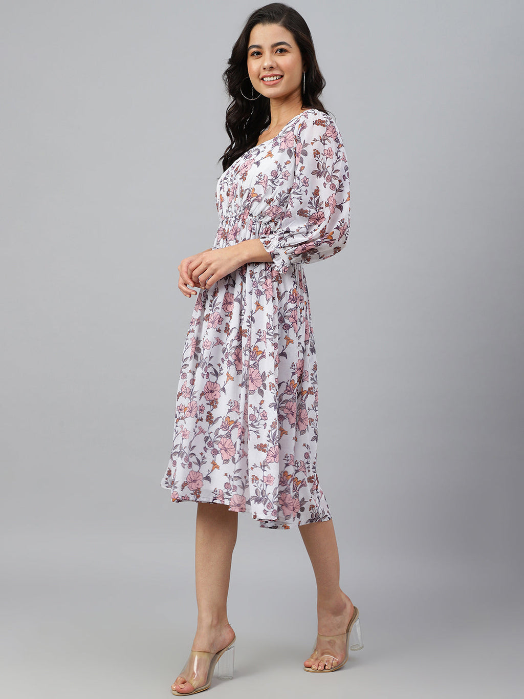 Janasya Women's White Georgette Floral Printed Flared Western Dress | Grocsy
