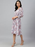 Janasya Women's White Georgette Floral Printed Flared Western Dress | Grocsy