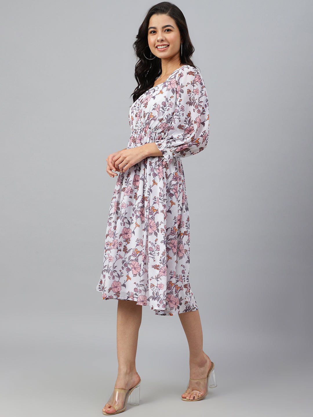 Janasya Women's White Georgette Floral Printed Flared Western Dress | Grocsy