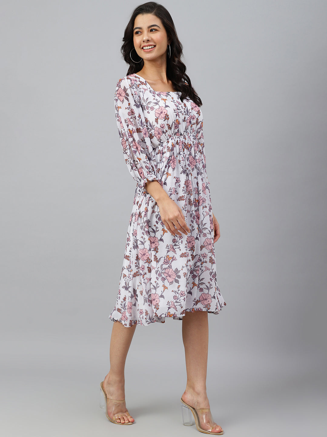 Janasya Women's White Georgette Floral Printed Flared Western Dress | Grocsy