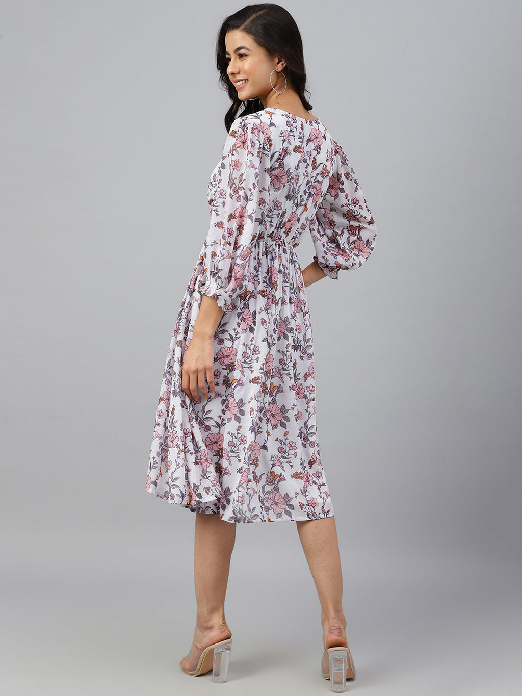 Janasya Women's White Georgette Floral Printed Flared Western Dress | Grocsy