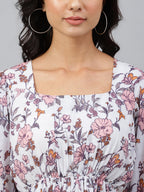 Janasya Women's White Georgette Floral Printed Flared Western Dress | Grocsy