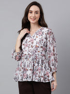 Janasya Women's White Georgette Floral Print Peplum Top | Grocsy