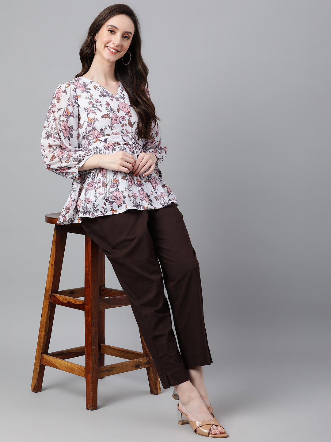 Janasya Women's White Georgette Floral Print Peplum Top | Grocsy