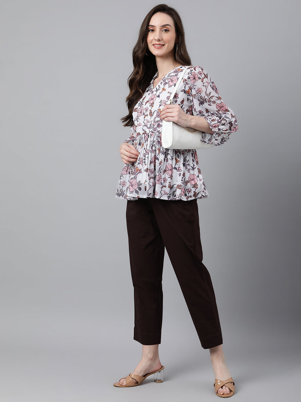 Janasya Women's White Georgette Floral Print Peplum Top | Grocsy
