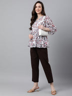 Janasya Women's White Georgette Floral Print Peplum Top | Grocsy