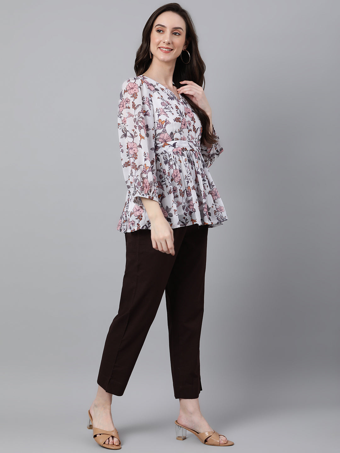 Janasya Women's White Georgette Floral Print Peplum Top | Grocsy