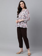 Janasya Women's White Georgette Floral Print Peplum Top | Grocsy